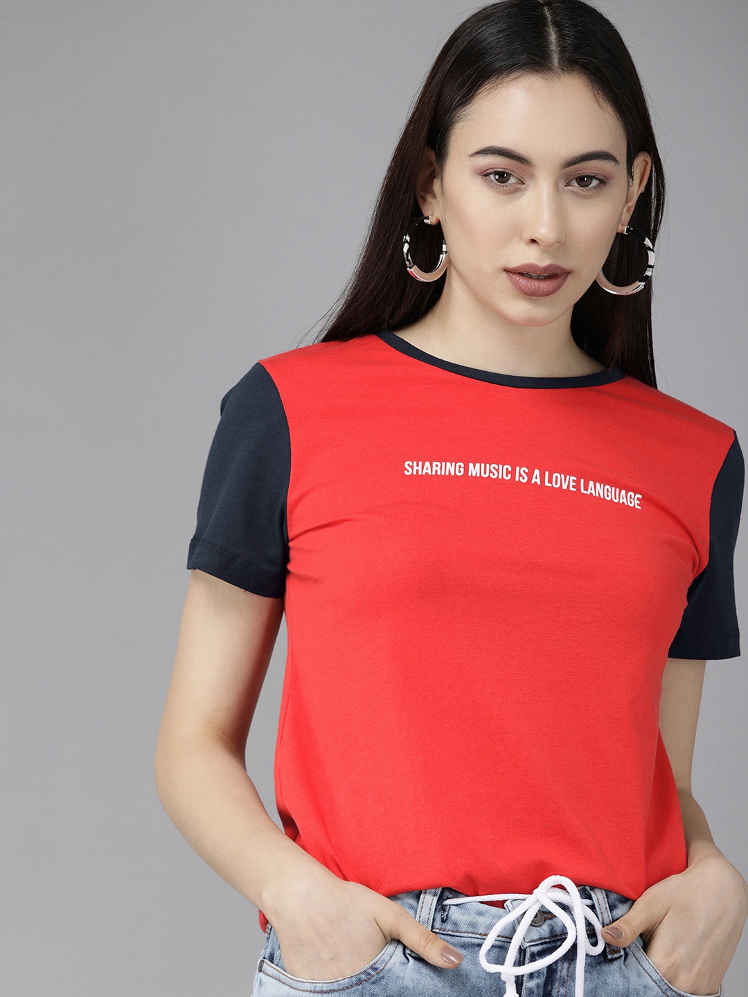 

ONLY Women Red White Typography Pure Cotton T-shirt