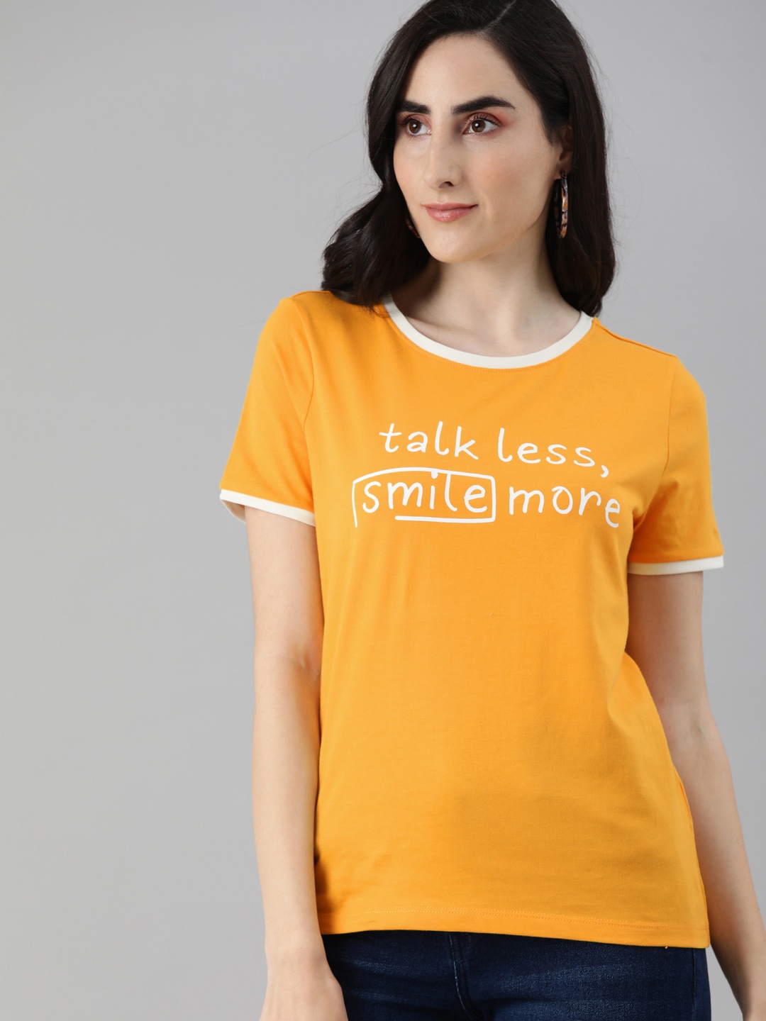 

ONLY Women Orange Typography Printed Pure Cotton T-shirt