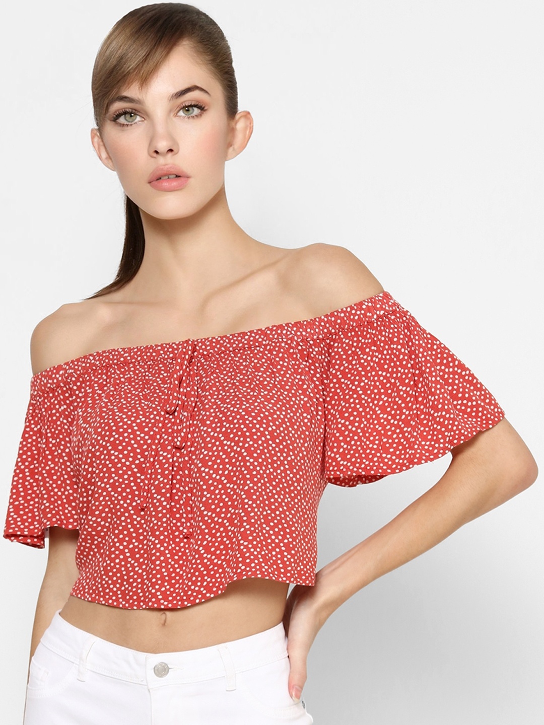

ONLY Red & White Geometric Printed Off-Shoulder Bardot Crop Top
