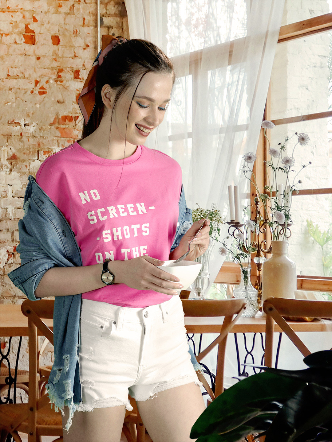 

ONLY Women Pink & White Typography Printed Drop-Shoulder Sleeves T-shirt