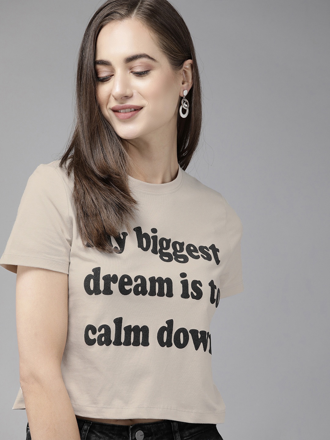 

ONLY Women Brown Black Typography Printed Pure Cotton T-shirt