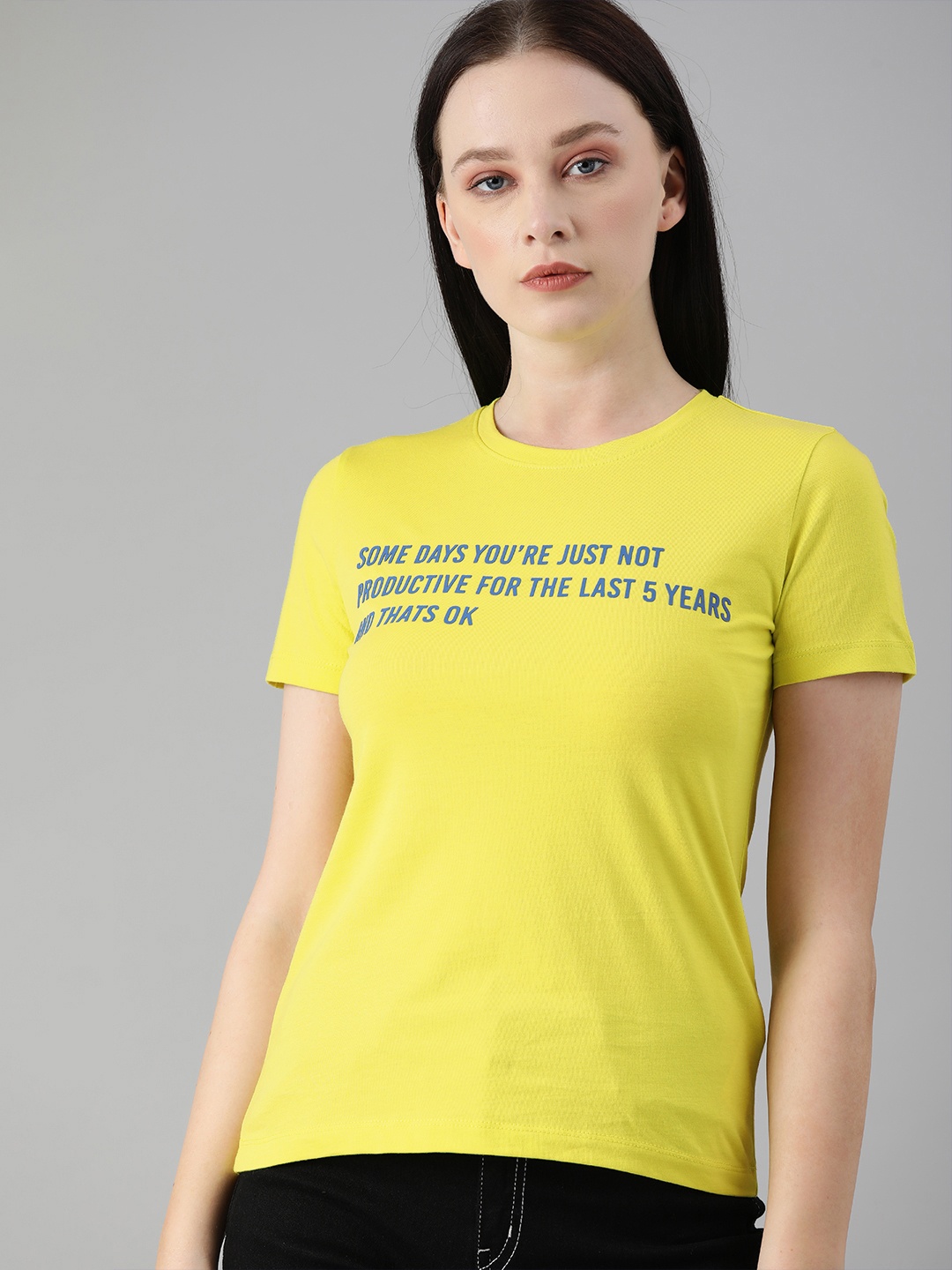 

ONLY Women Yellow Blue Typography Printed Pure Cotton T-shirt