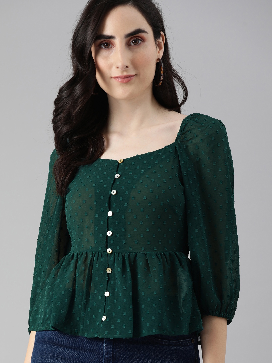 

ONLY Green Self Design Peplum Top with Gathers