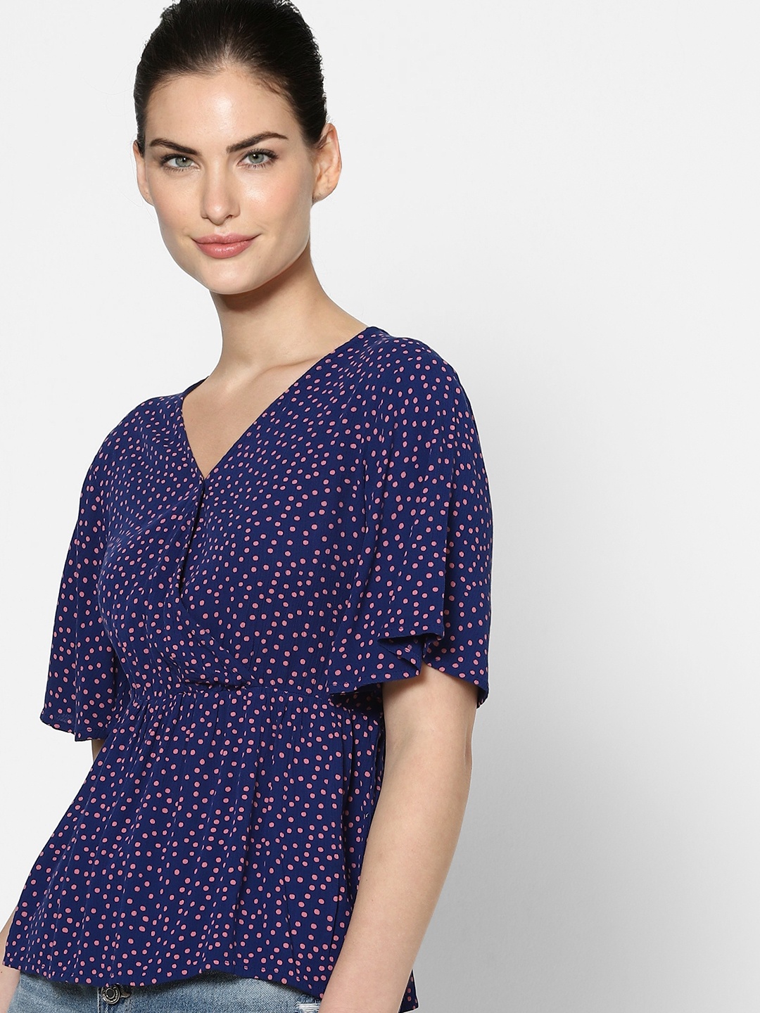 

ONLY Navy Blue & Pink Geometric Print A-Line Top with Waist Tie-Ups