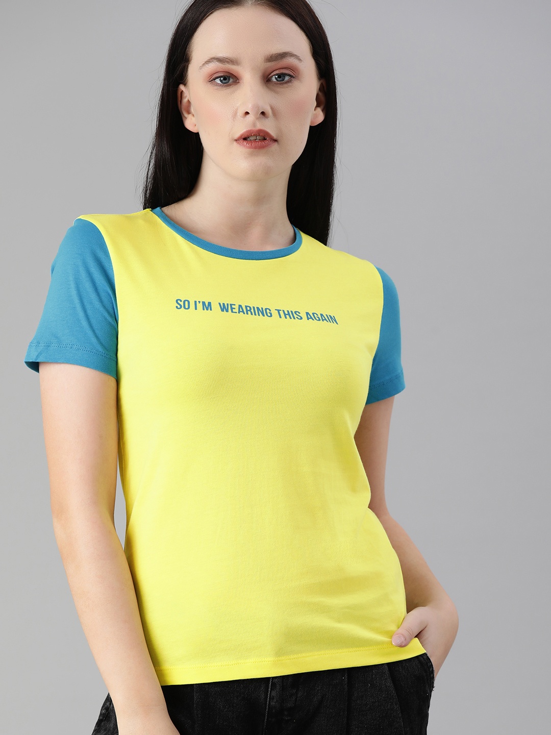 

ONLY Women Yellow Blue Typography Printed Pure Cotton T-shirt