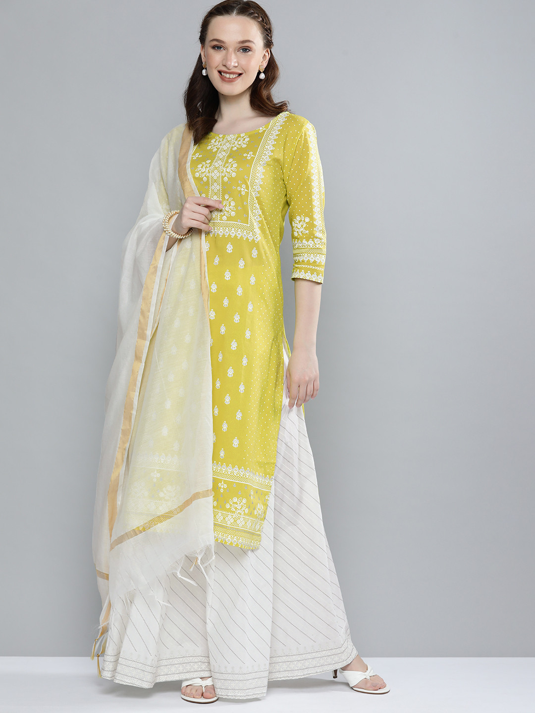 

Vishudh Women Lime Green & Off-White Printed Kurta with Skirt & Dupatta