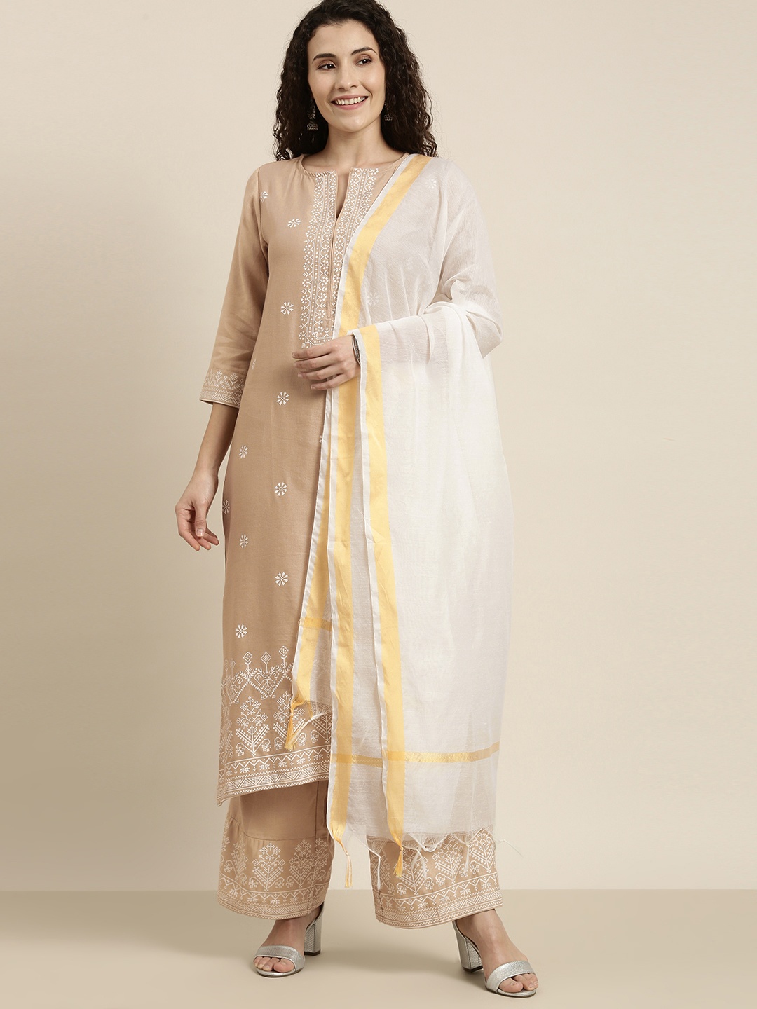 Vishudh Women Beige & Off-White Printed Kurta with Palazzos & Dupatta