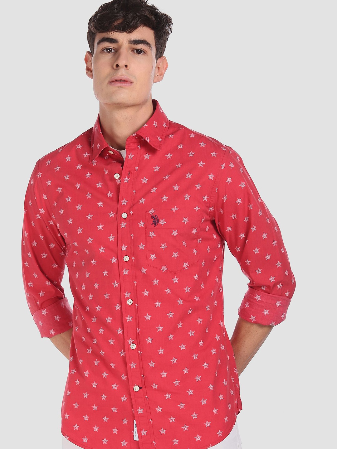 

U.S. Polo Assn. Men Red Regular Fit Printed Cotton Casual Shirt