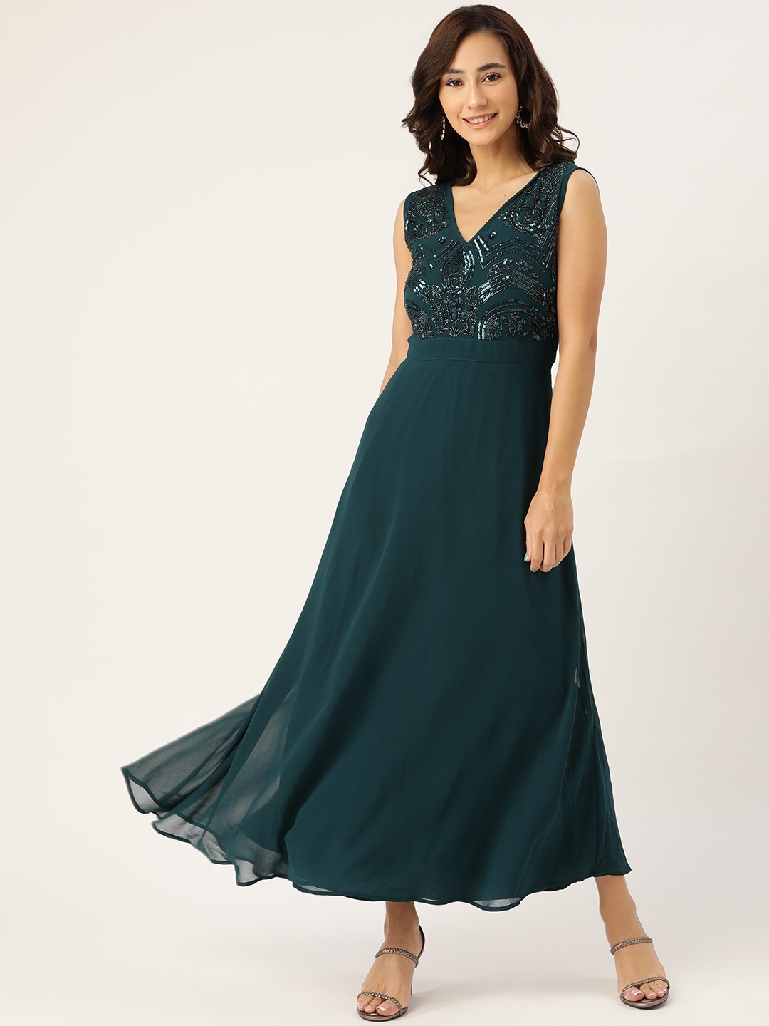 

Antheaa Teal Green Ethnic Motifs Embellished Georgette Maxi Dress