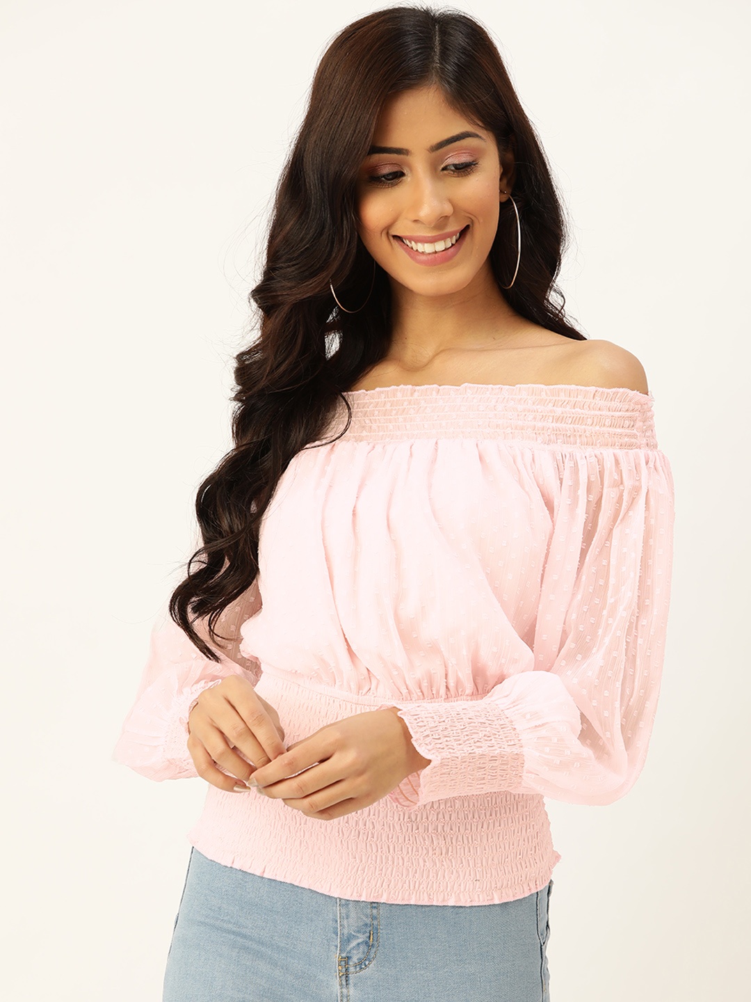 

Antheaa Pink Puff Sleeve Smocked Chiffon Cinched Waist Top