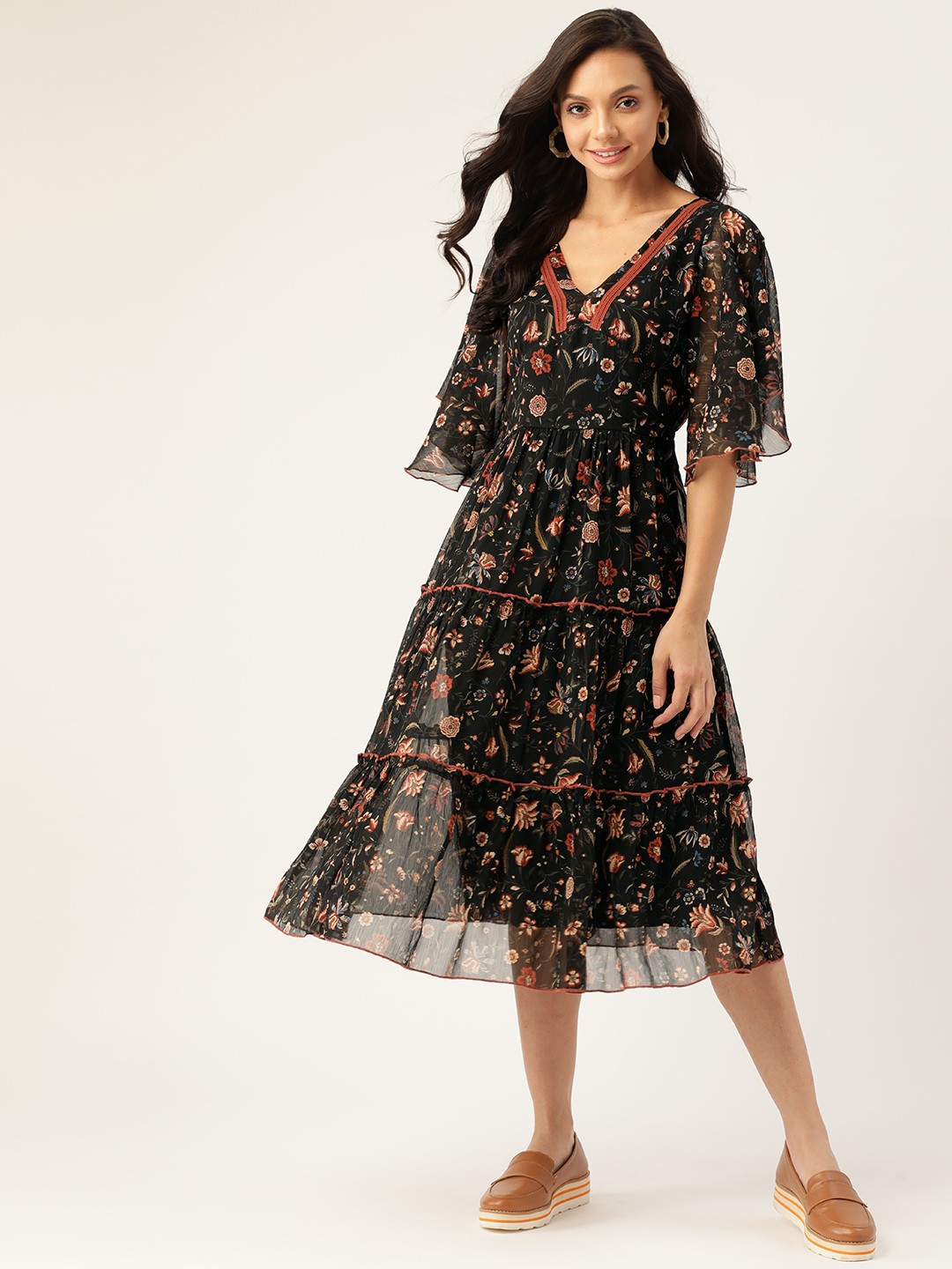 

Antheaa Black & Rust Brown Floral Chiffon A-Line Midi Dress