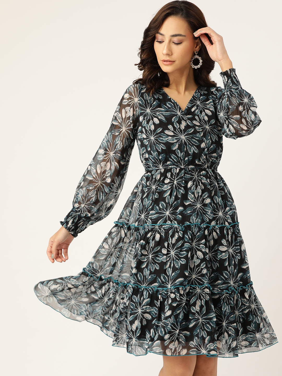 

Antheaa Black & Blue Floral Chiffon Midi Dress