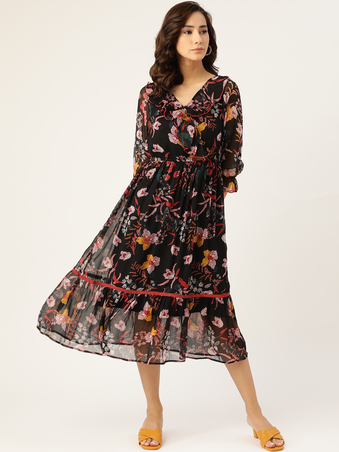 

Antheaa Black & Red Floral Print Wrap Midi Dress