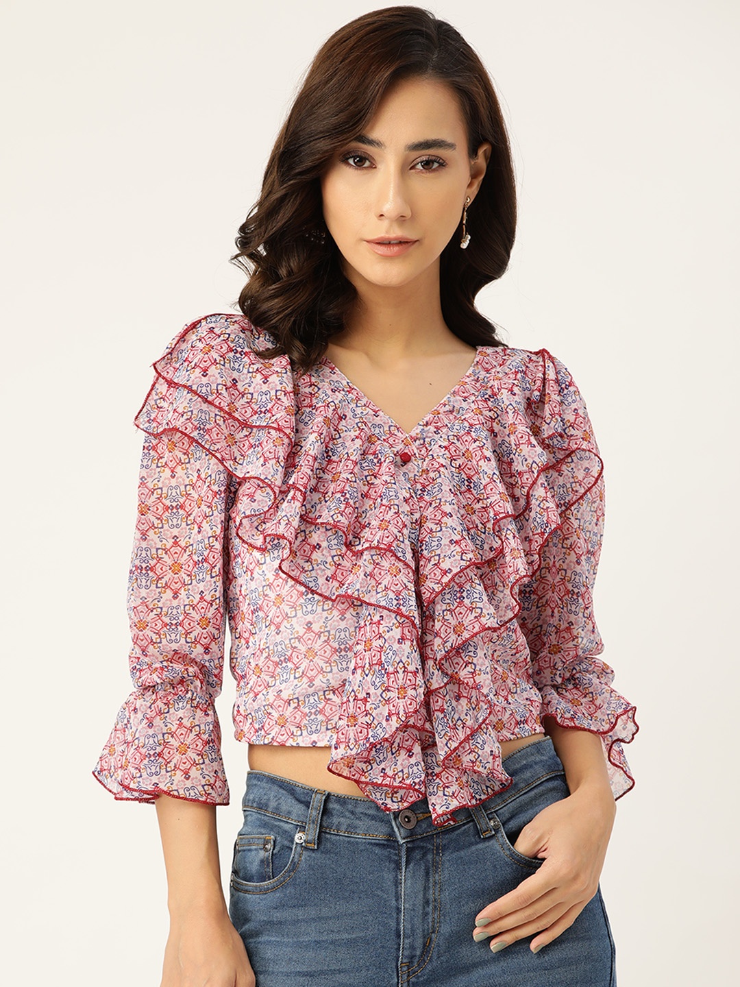 

Antheaa Pink & Off White Floral Printed Flared Sleeve Chiffon Regular Top