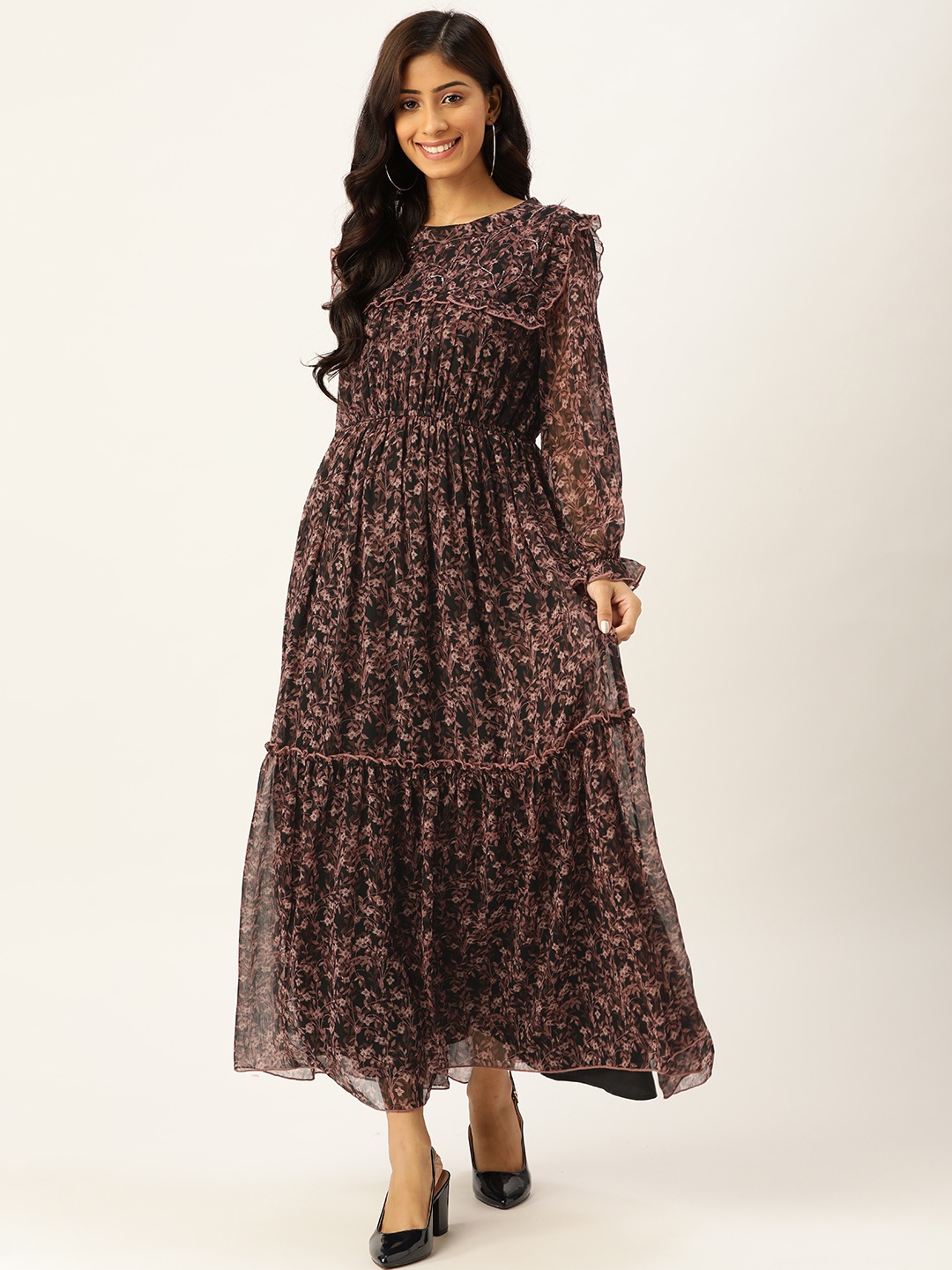 

Antheaa Women Black & Mauve Floral Print Maxi Dress