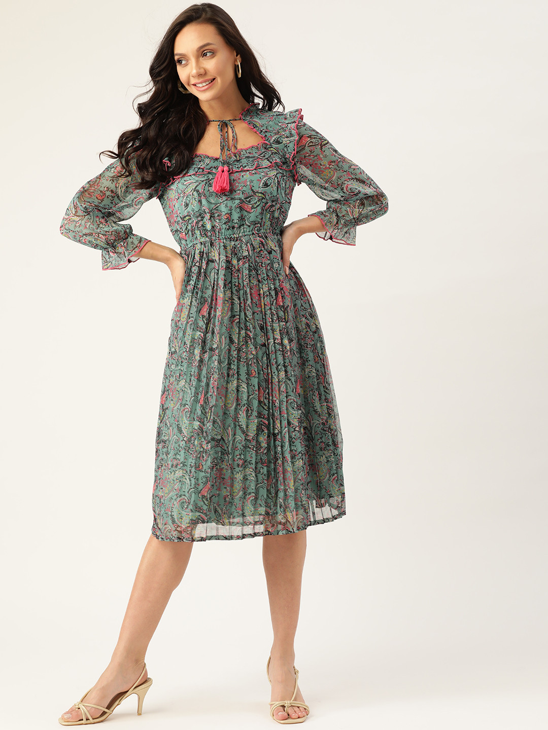 

Antheaa Women Green & Black Ethnic Motifs Printed A-Line Midi Dress