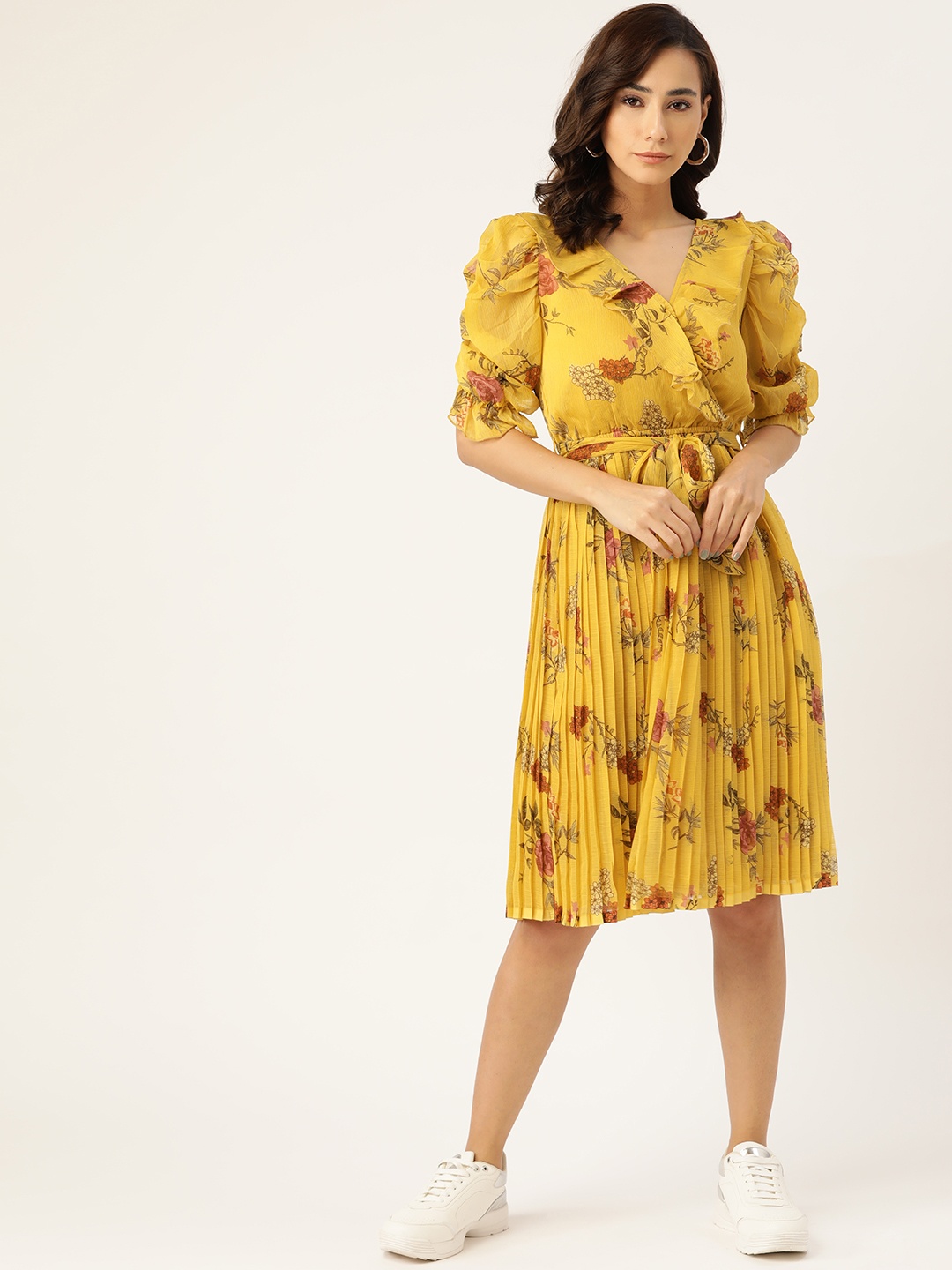

Antheaa Women Mustard Yellow & Red Floral Print Midi Wrap Dress
