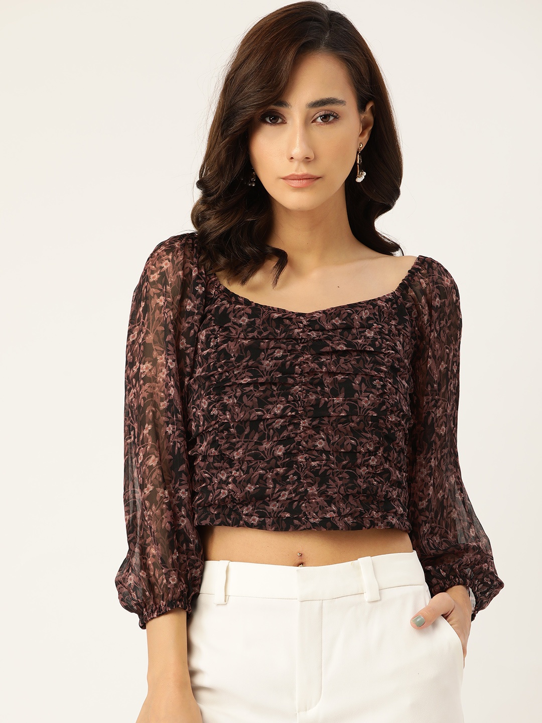 

Antheaa Black & Brown Floral Printed Sweetheart Smocked Chiffon Regular Crop Top