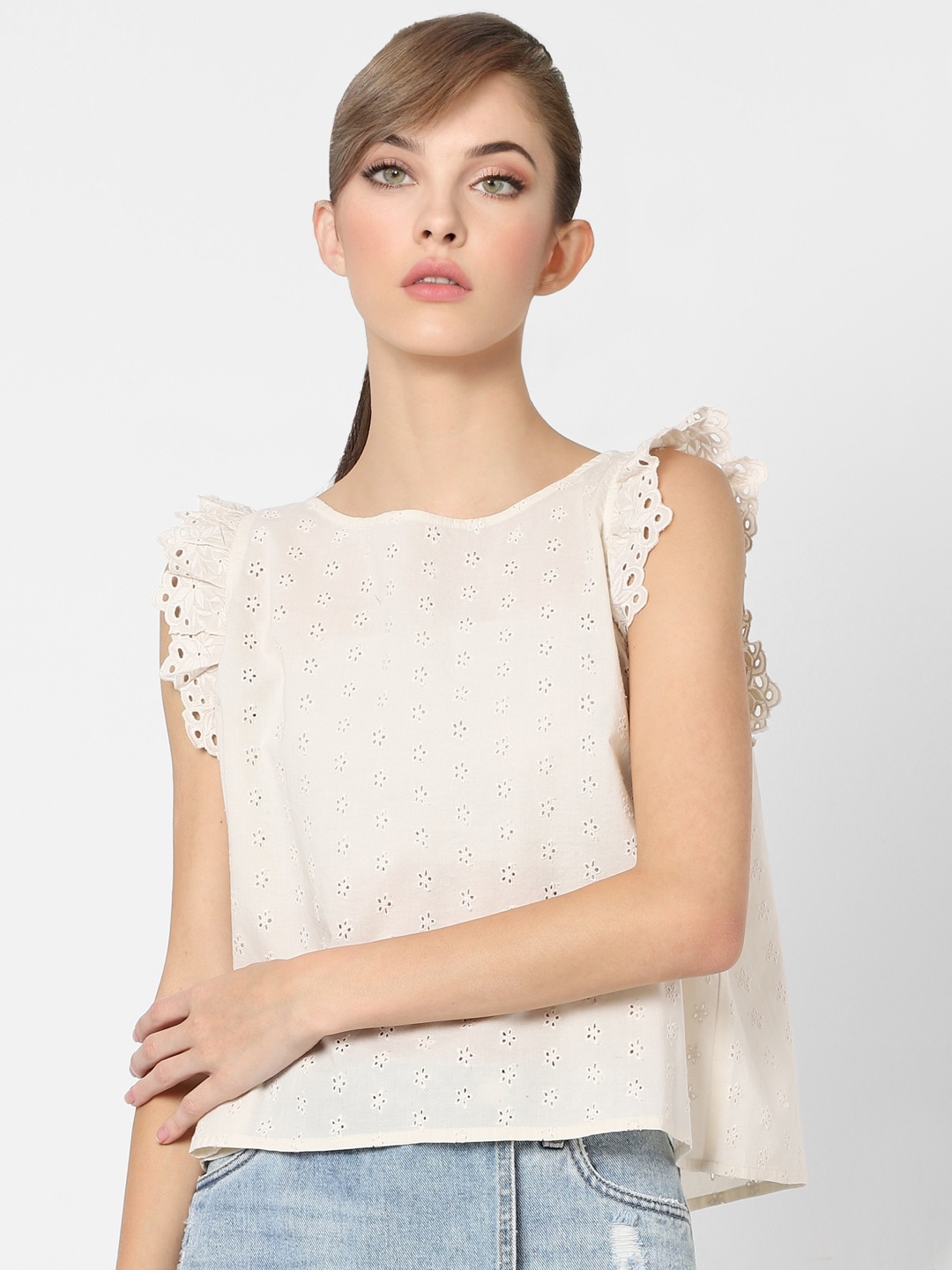 

ONLY Off White Schiffli Embroidered Regular Top