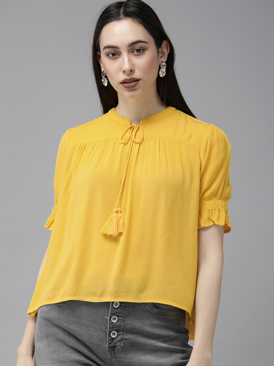 

ONLY Women Yellow Solid Tie-Up Neck Regular Top