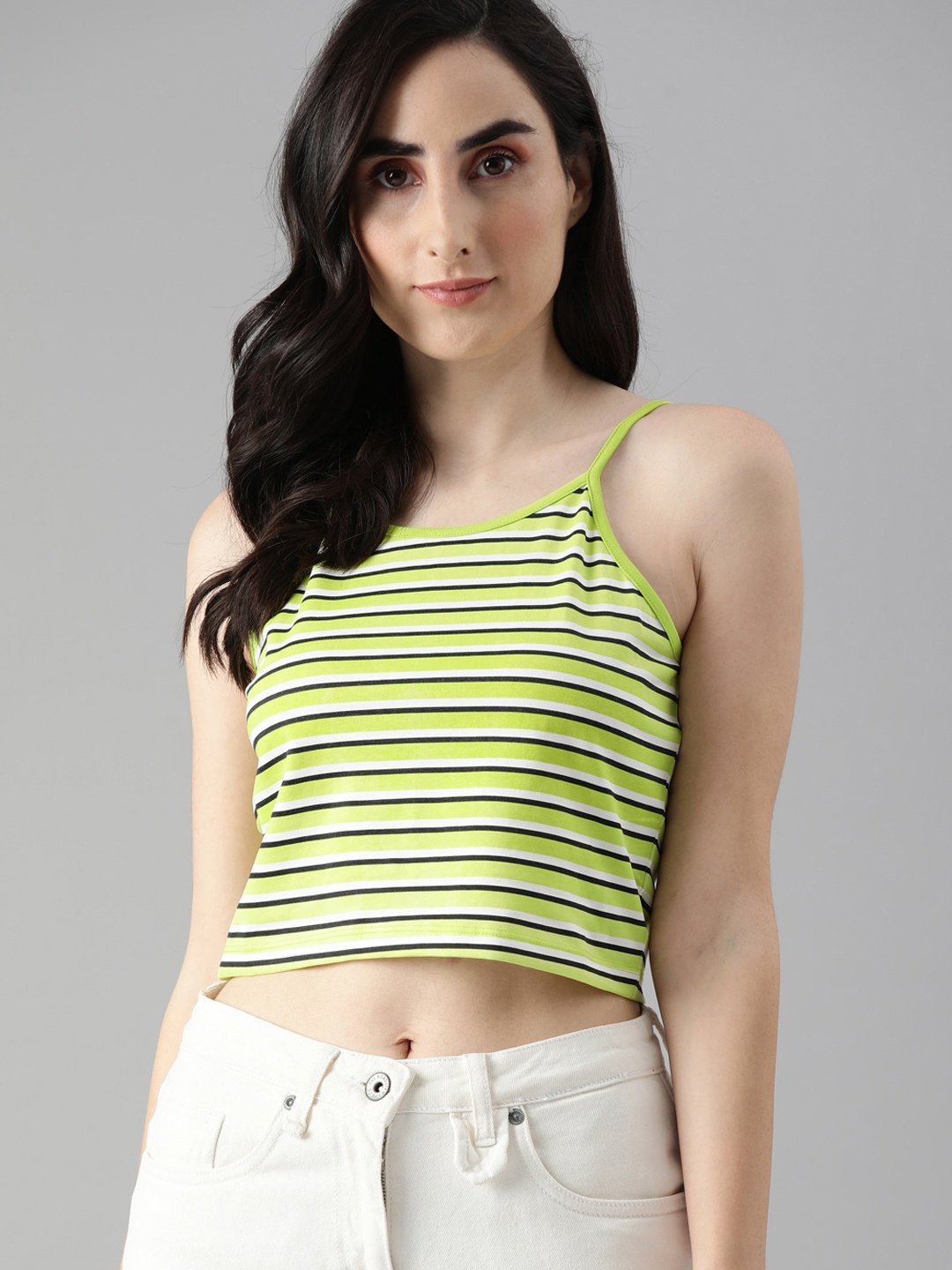 

ONLY Women Green & Black Striped T-shirt