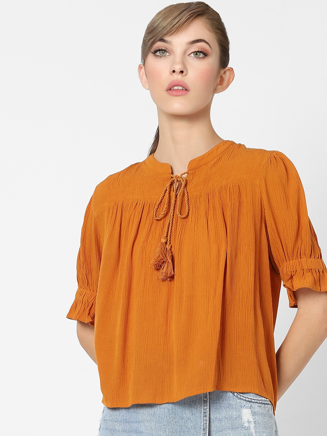 

ONLY Rust Orange Mandarin Collar with Tie-Up Detailing High-Low Top