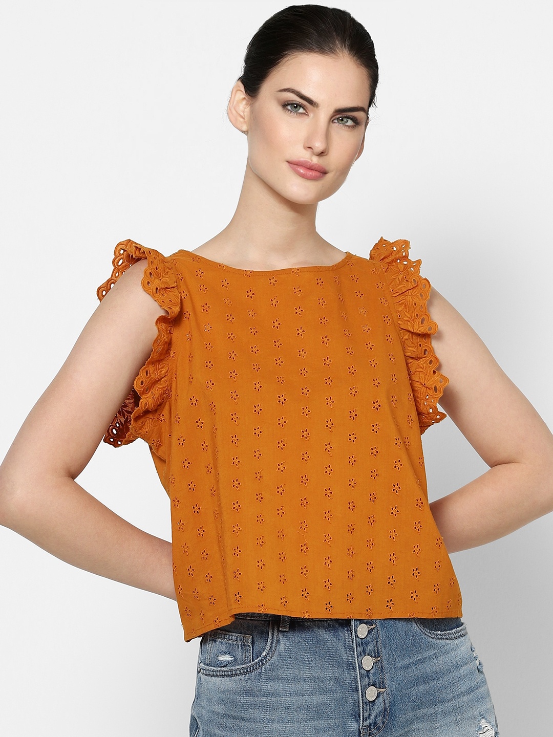 

ONLY Rust Orange Schiffli Embroidered Regular Top