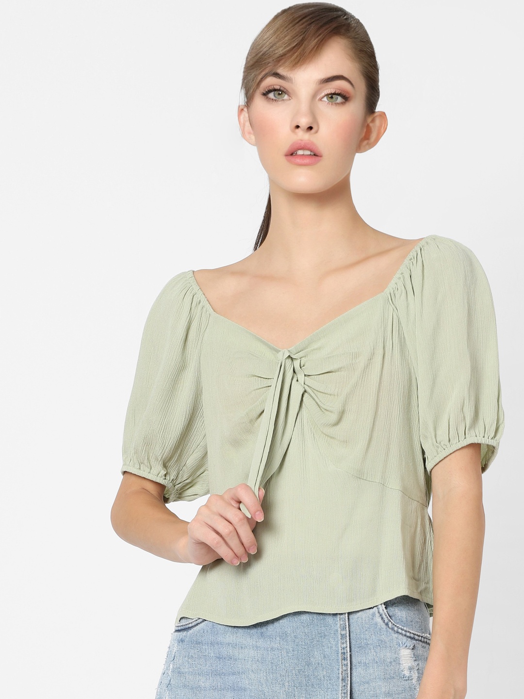 

ONLY Green Puff Sleeve Top with Gathers