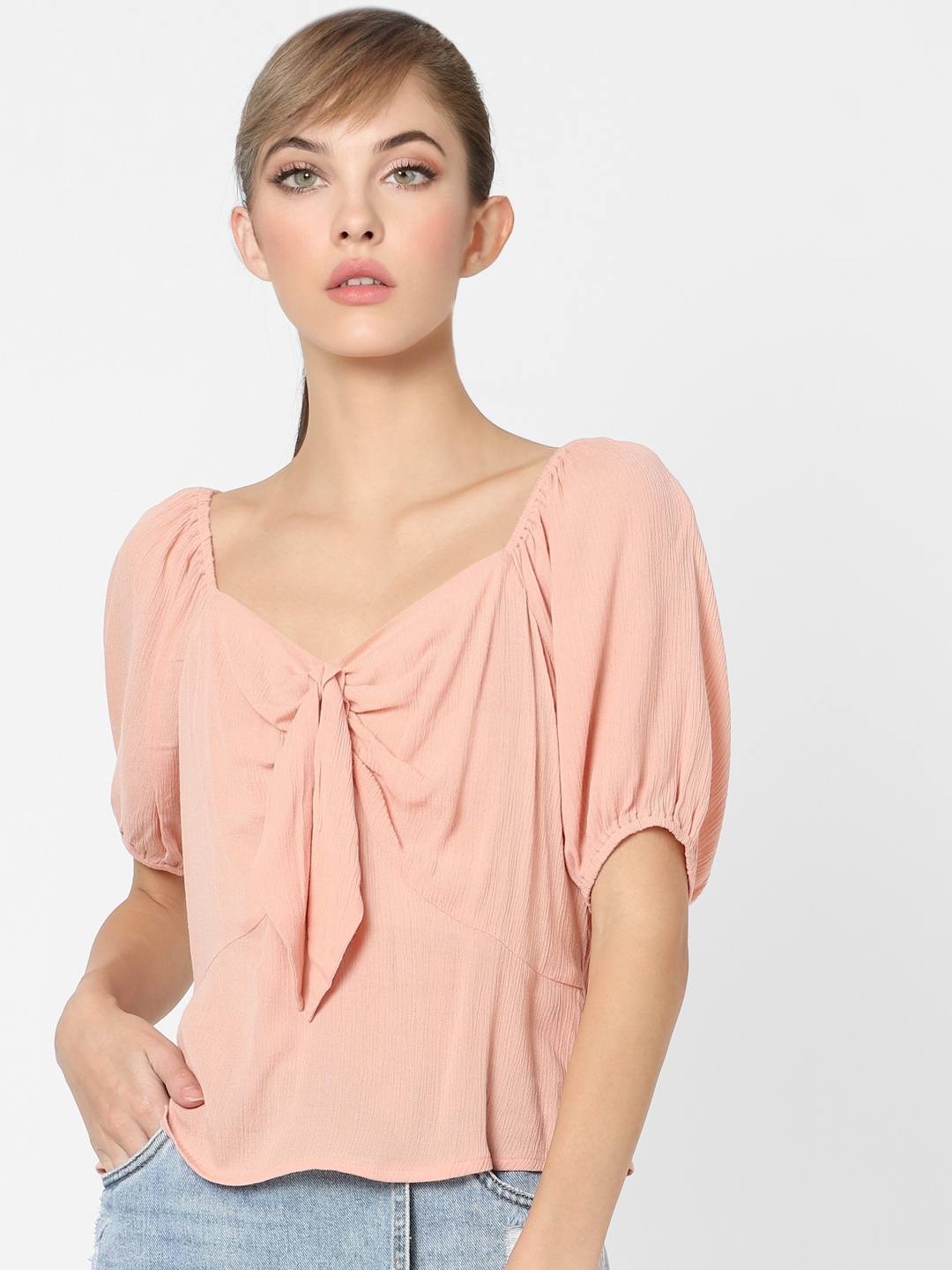 

ONLY Pink Puff Sleeve Regular Top with Gathers