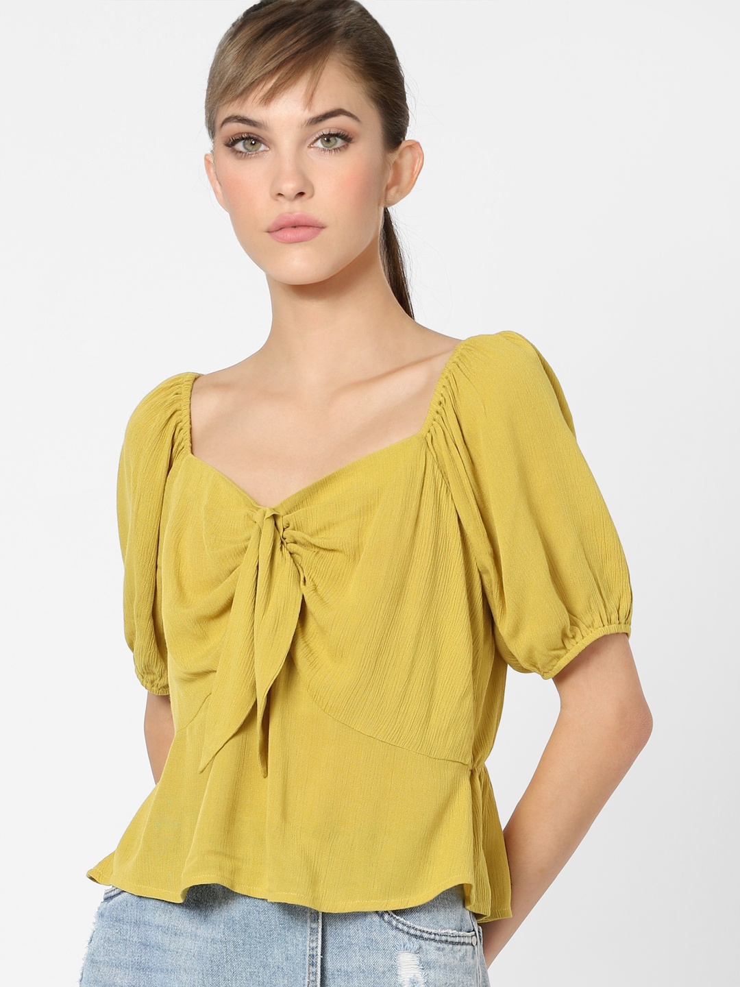 

ONLY Mustard Yellow Sweetheart Neck Puff Sleeve Tie-Up Detailed A-Line Top