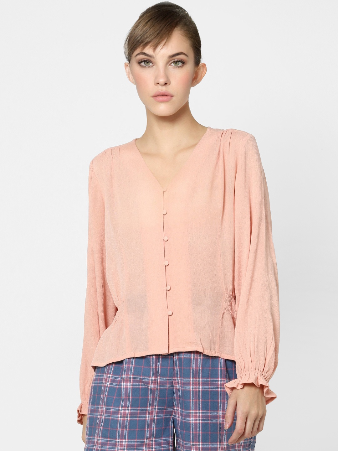 

ONLY Peach Puff Sleeve Smocked Regular Top