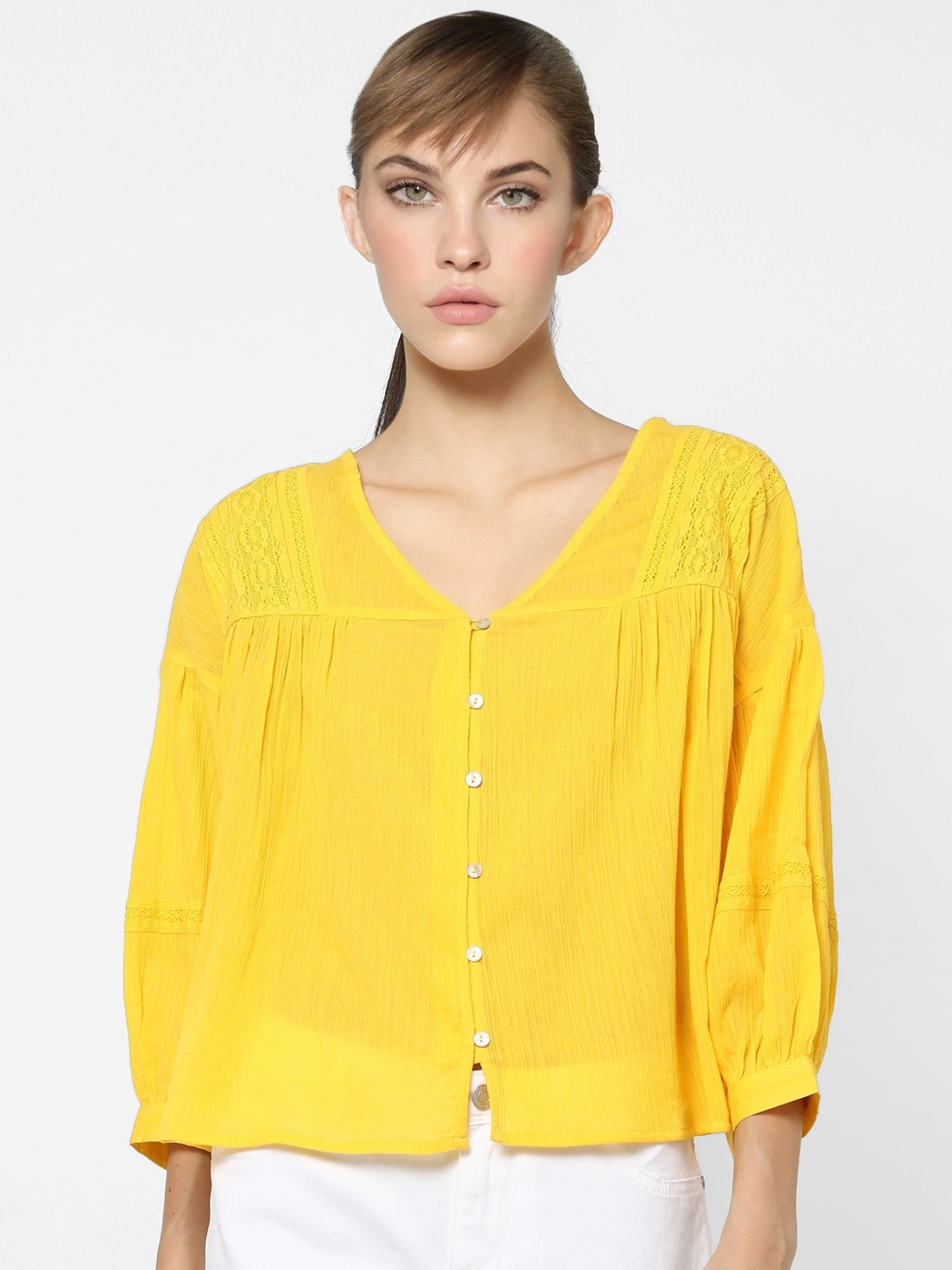 

ONLY Yellow Puff Sleeve Lace Insert Regular Top
