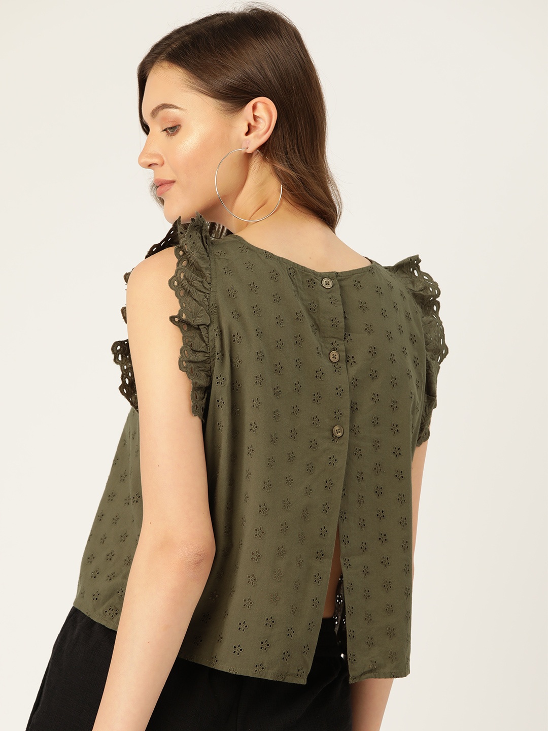 

ONLY Olive Green Geometric Embroidered Pure Cotton Schiffli Flutter Sleeve Regular Top