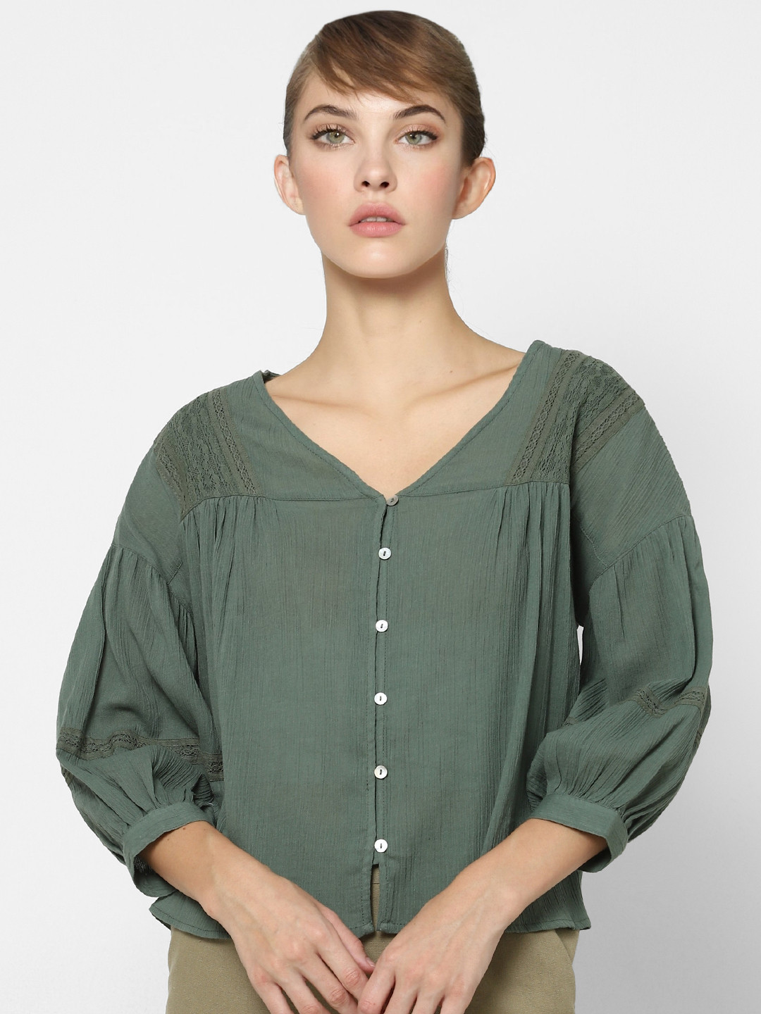 

ONLY Olive Puff Sleeve Lace Insert Gathered Regular Top