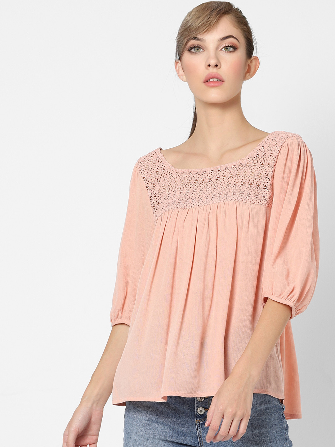 

ONLY Peach Puff Sleeve Gathered Lace Insert Regular Top