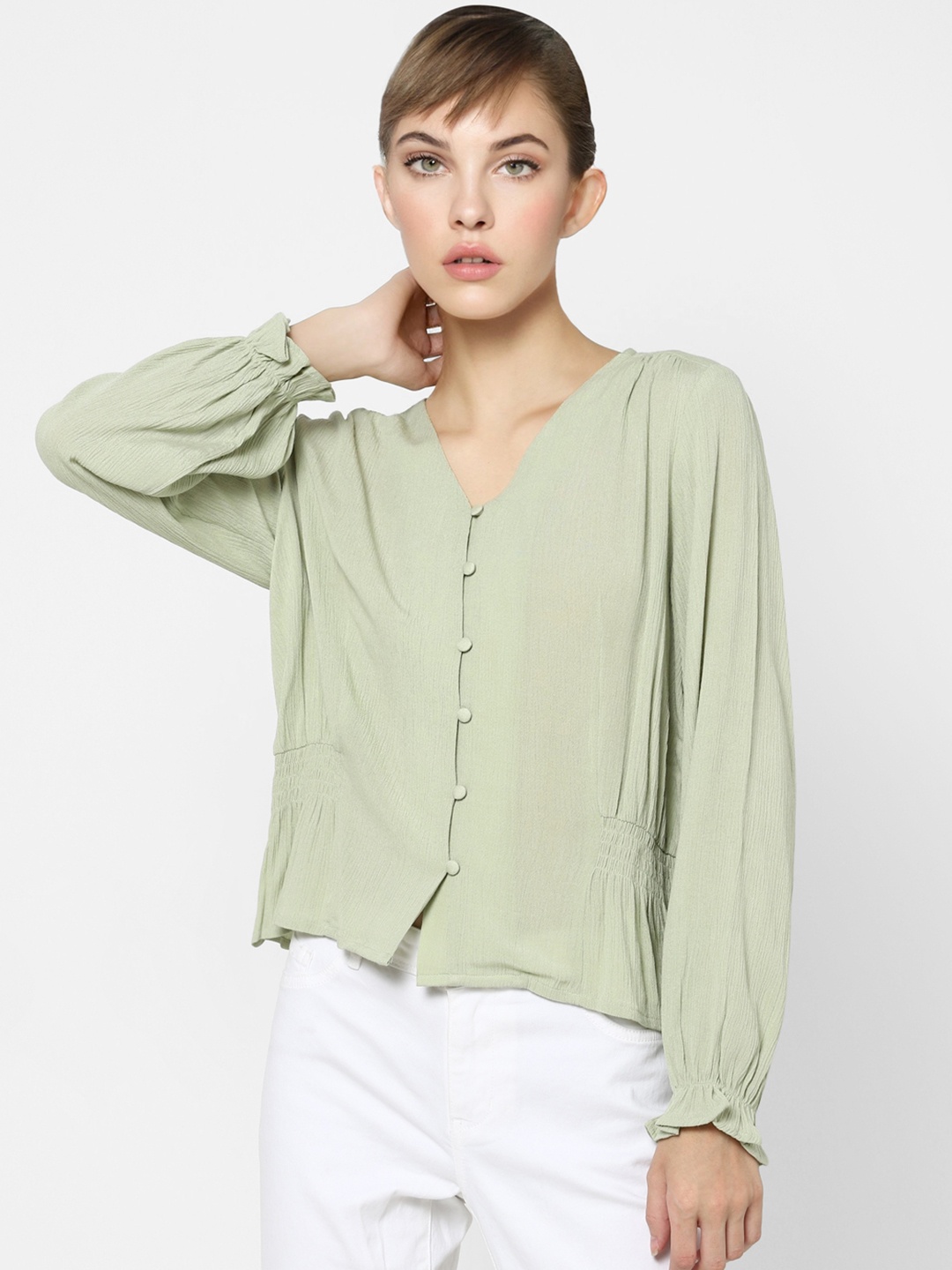 

ONLY Women Olive Green Solid V-Neck Blouson Top