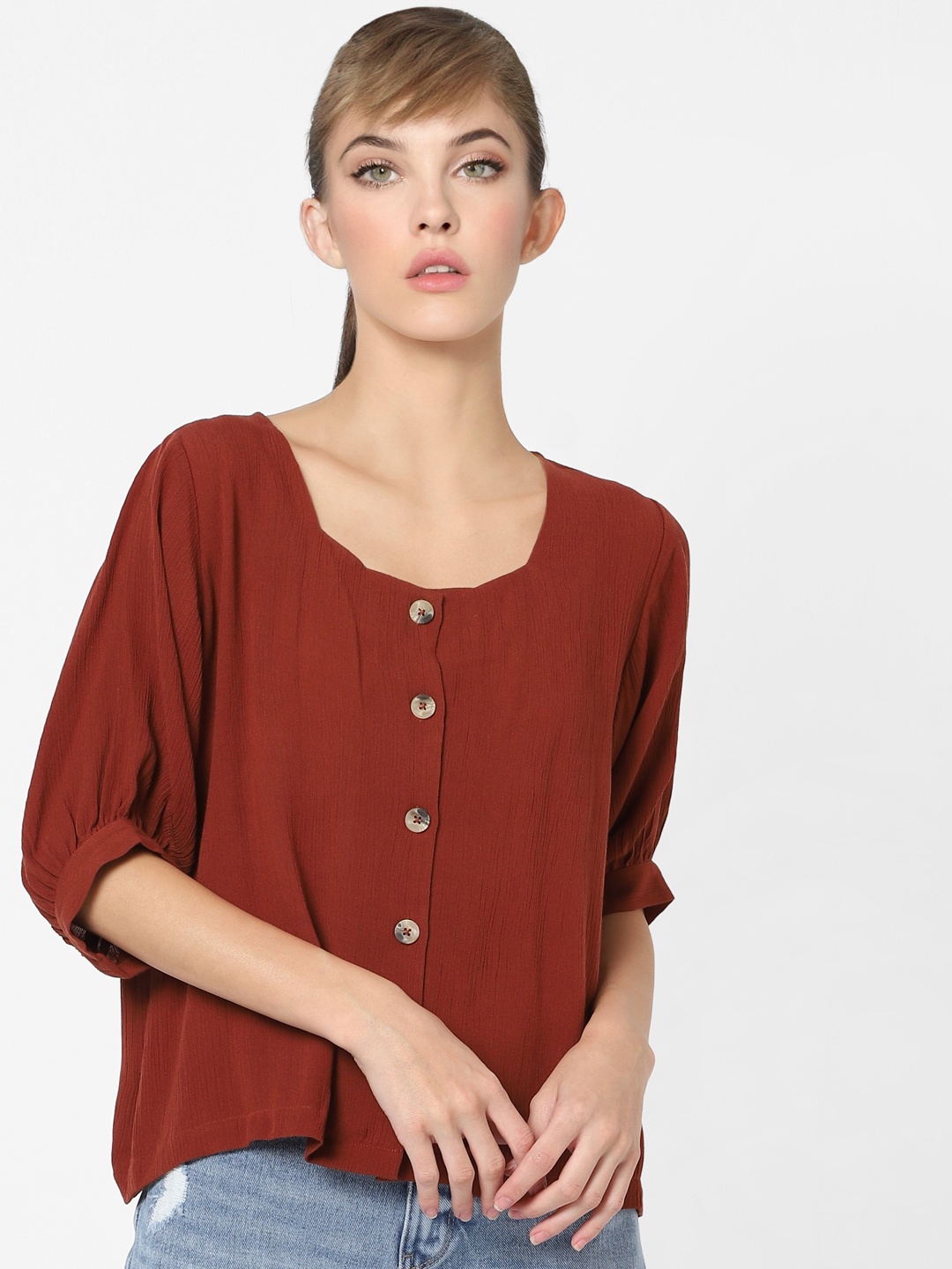 

ONLY Women Maroon Solid V-Neck Regular Top