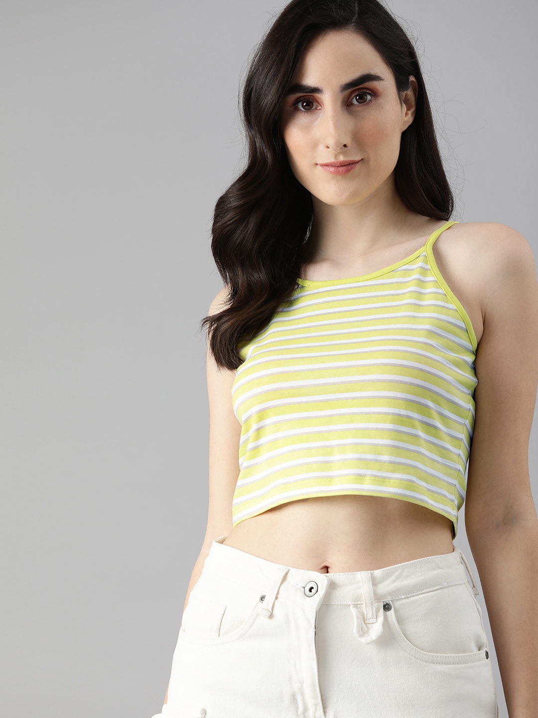 

ONLY Women Yellow & White Striped T-shirt