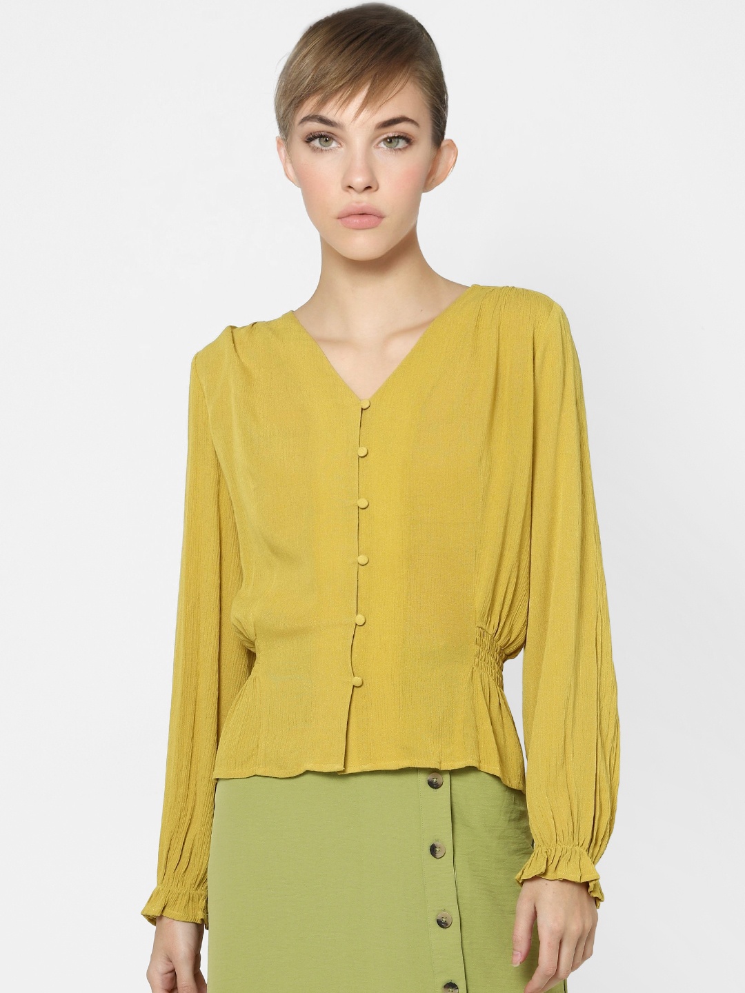 

ONLY Women Mustard Yellow Solid V-Neck Regular Top