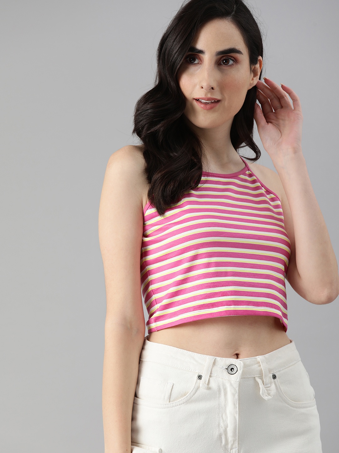 

ONLY Women Pink & White Striped T-shirt