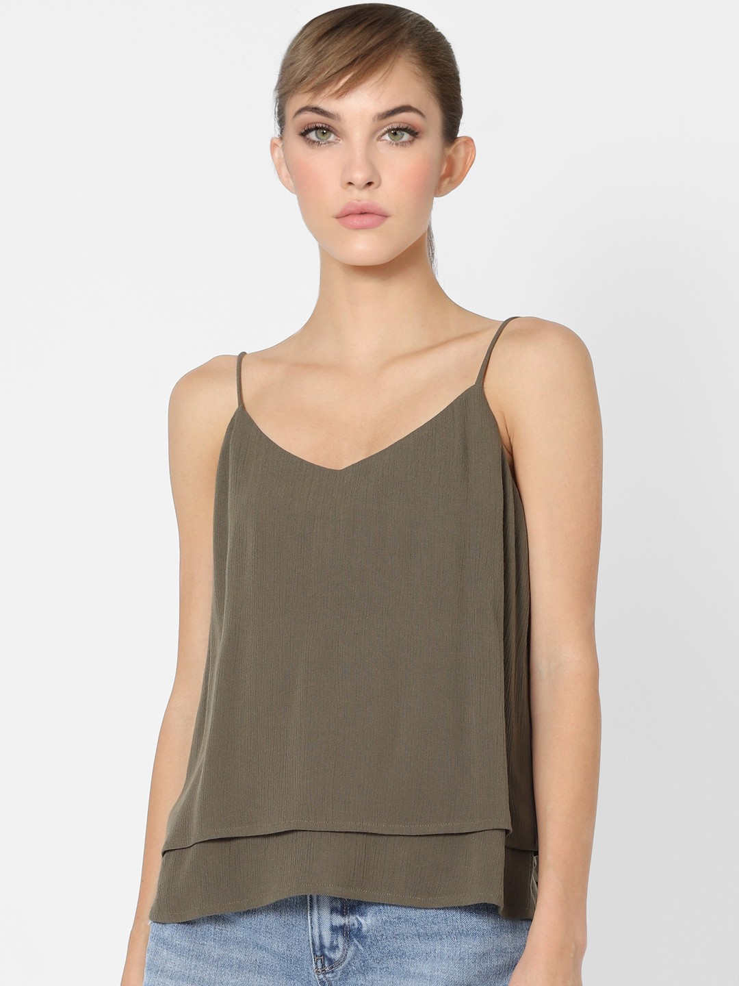 

ONLY Women Olive Green Solid Shoulder Strap Regular Top