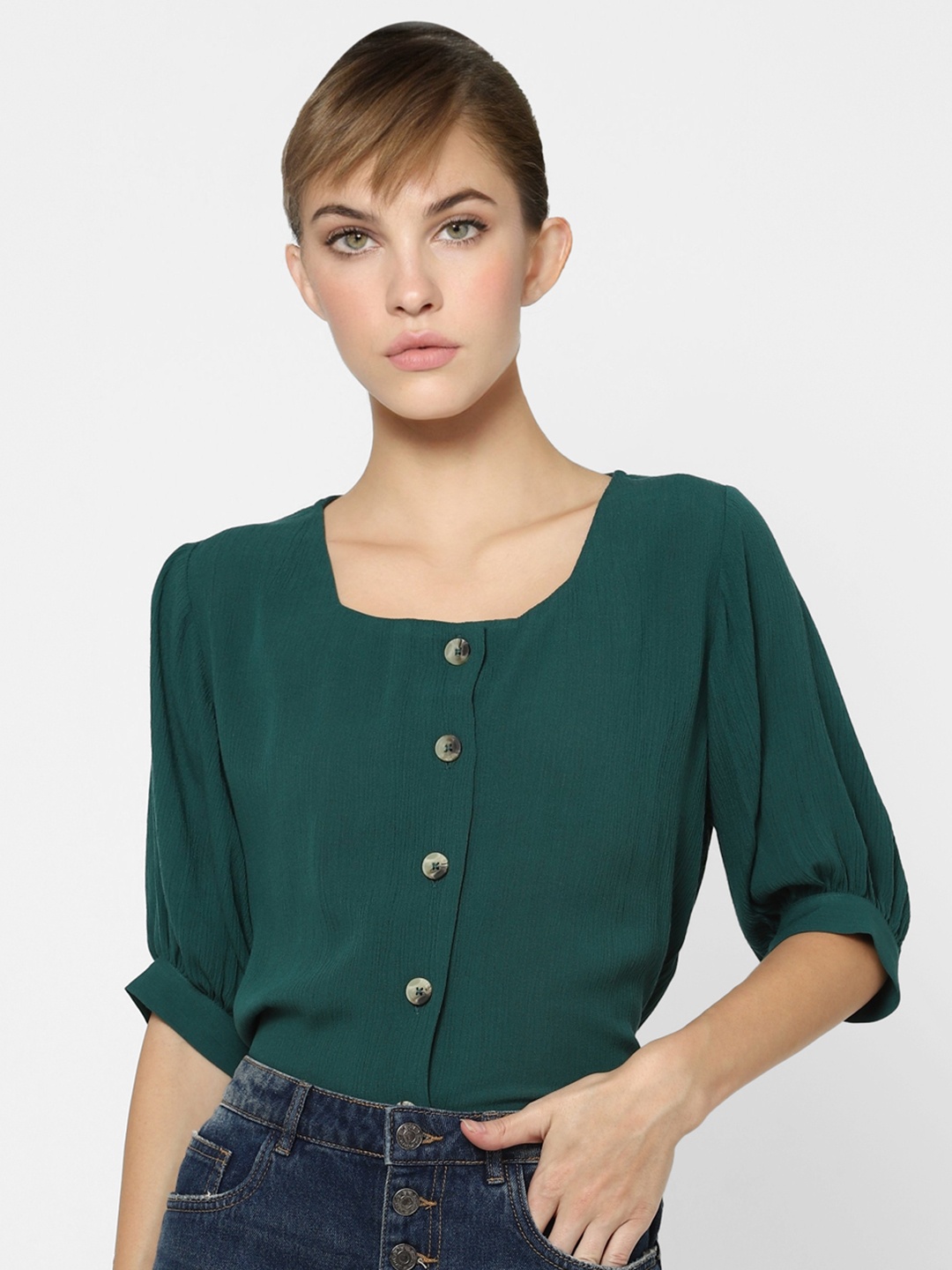 

ONLY Women Green Solid Round Neck Regular Top