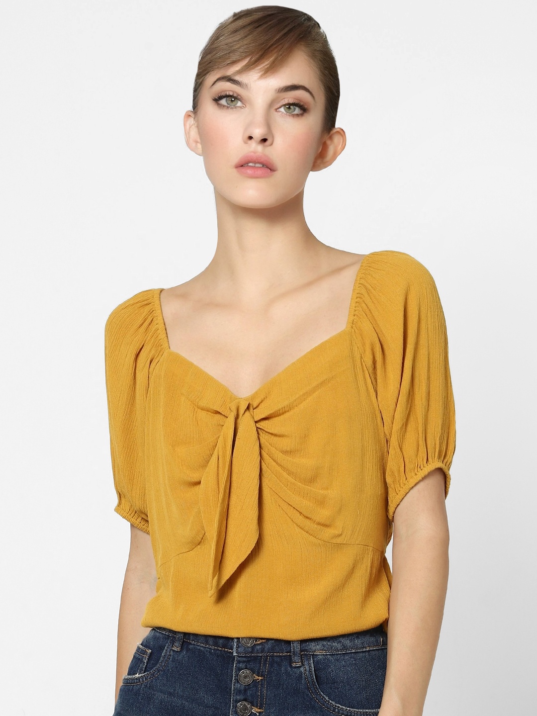 

ONLY Women Mustard Yellow Solid V-neck Regular Top