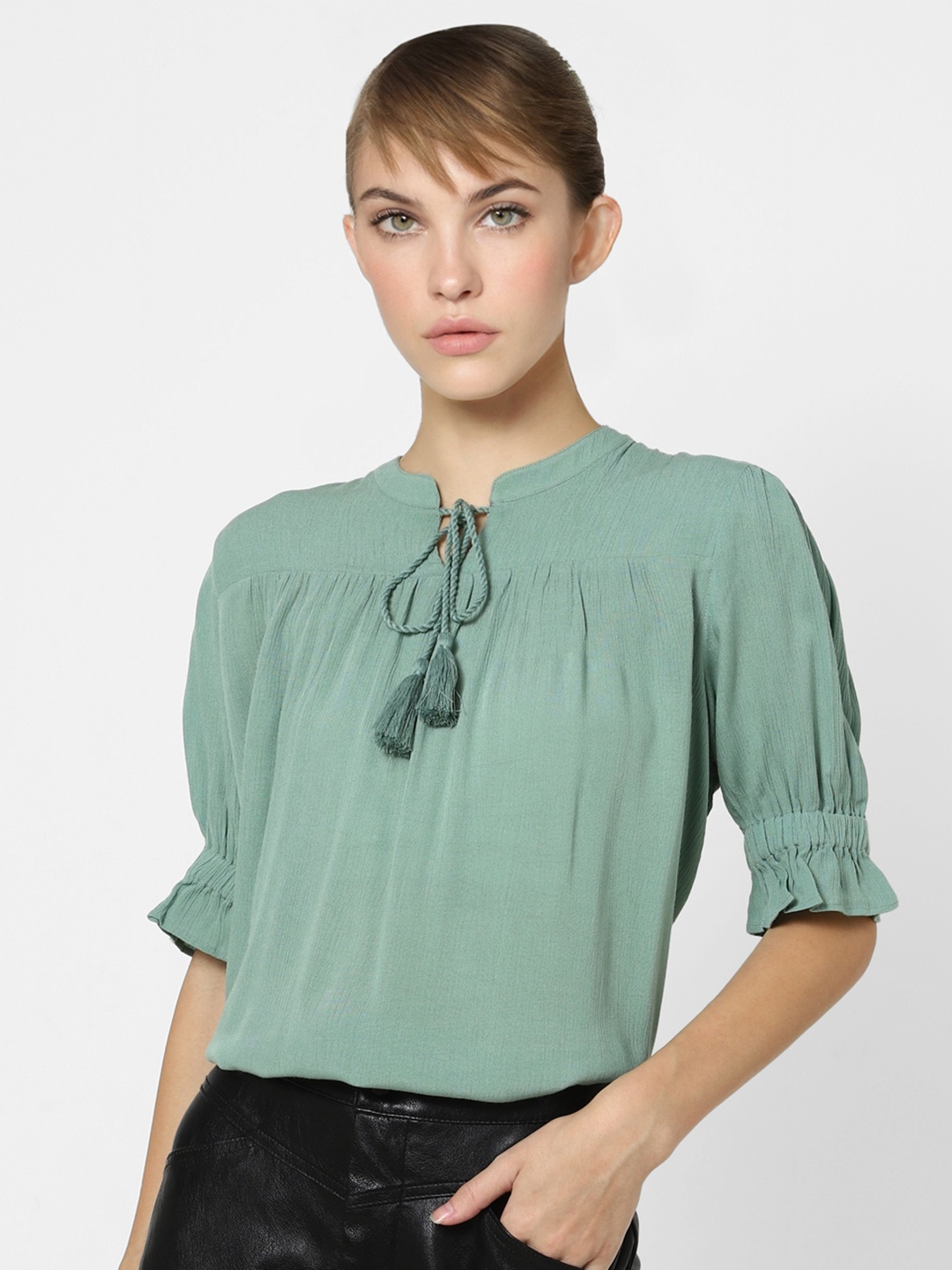 

ONLY Women Green Solid Tie-Up Neck Regular Top