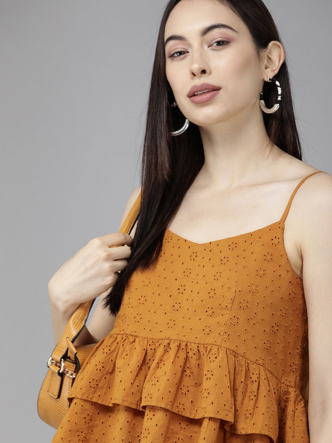 

ONLY Brown Schiffli Embroidered Peplum Crop Top