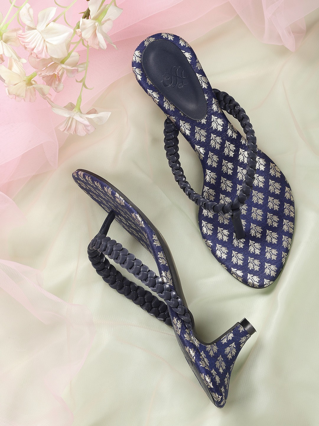 

House of Pataudi Women Navy Blue Braided Handcrafted Heels with Pouch