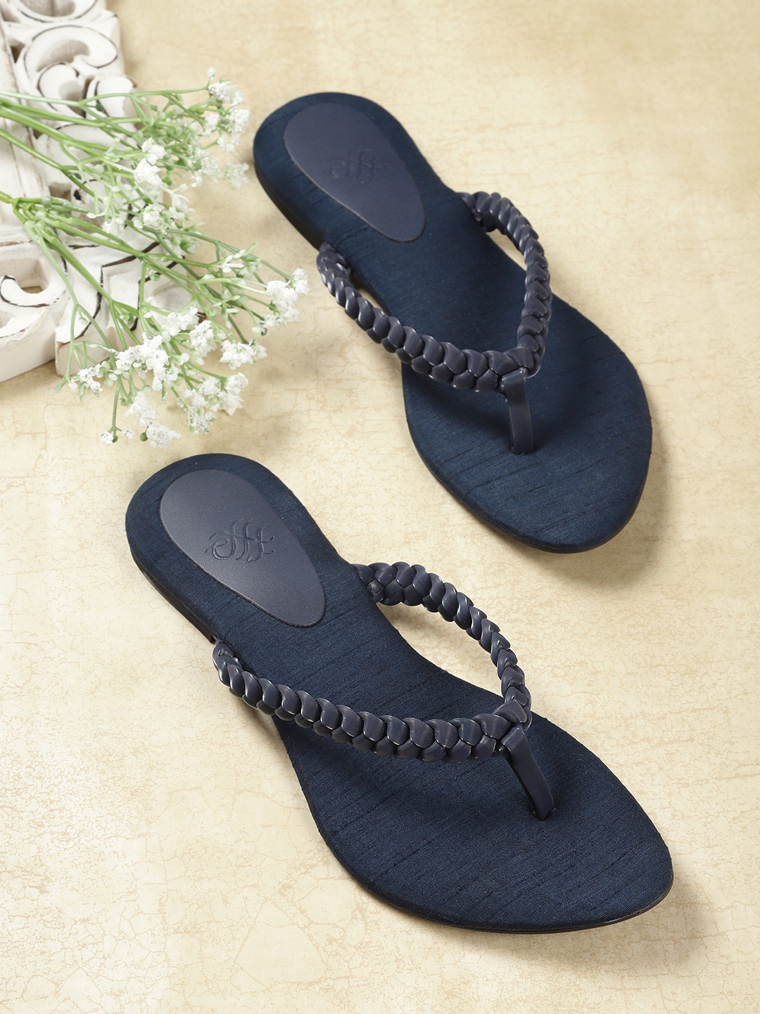 

House of Pataudi Women Navy Blue Braided Handcrafted Open Toe Flats with Pouch
