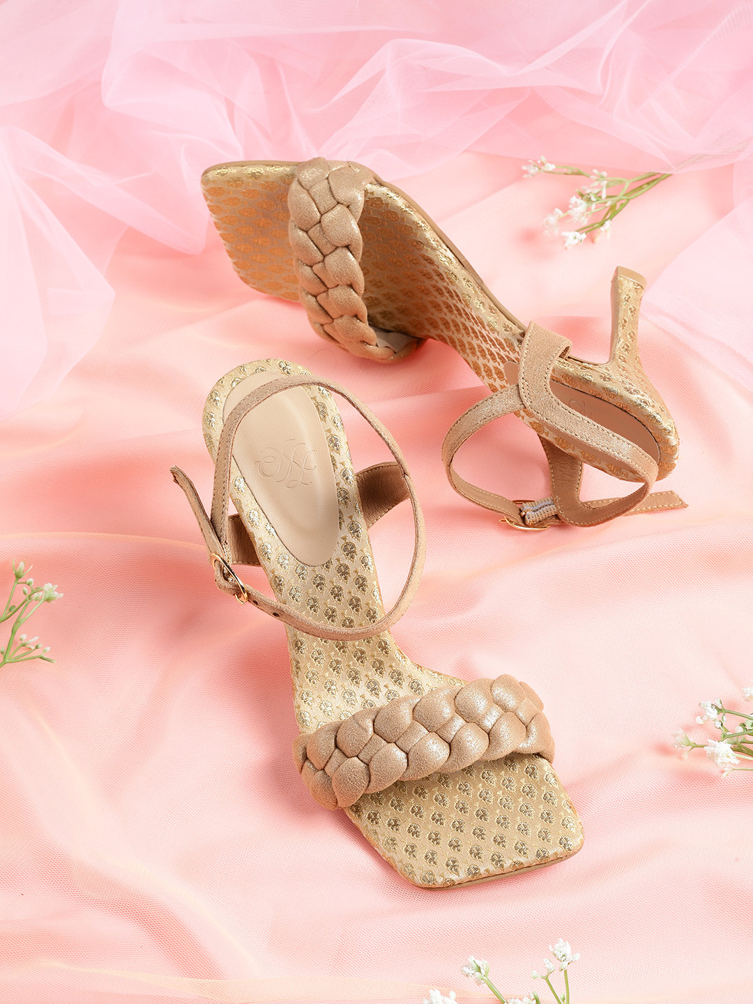 

House of Pataudi Women Beige Braided Handcrafted Slim Heels with Pouch