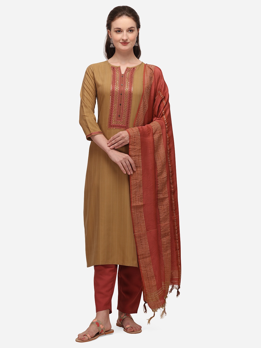 

SheWill Beige & Maroon Cotton Blend Unstitched Dress Material