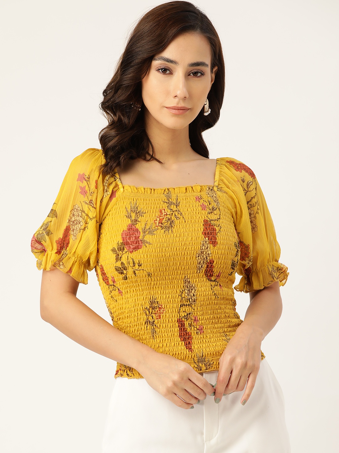 

Antheaa Mustard Yellow & Pink Printed Puff Sleeve Smocked Chiffon Fitted Top